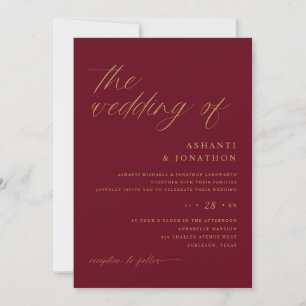 Invitation Romantique Moderne Bourgogne et Mariage d'or