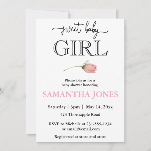 Invitation Romantique moderne tulip rose baby shower fille fi (Devant)