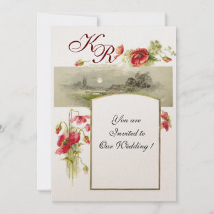 Invitation ROMANTIQUE MONOGRAMME / COQUELICOTS,rouge,vert bla