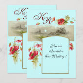 Invitation ROMANTIQUE MONOGRAMME / COQUELICOTS,rouge,vert,ble (Devant / Derrière)