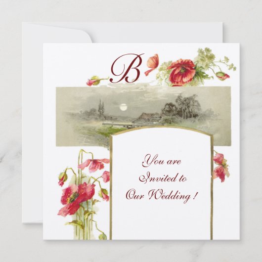 Invitation ROMANTIQUE MONOGRAMME / COQUELICOTS,rouge,vert,feu (Devant)