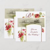 Invitation ROMANTIQUE MONOGRAMME / COQUELICOTS,rouge,vert,feu (Devant / Derrière)