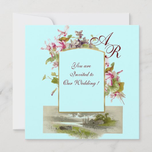 Invitation ROMANTIQUE MONOGRAMME /CYCLAMENS, rose vert bleu (Devant)