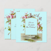 Invitation ROMANTIQUE MONOGRAMME /CYCLAMENS, rose vert bleu (Devant / Derrière)