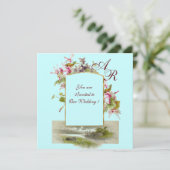 Invitation ROMANTIQUE MONOGRAMME /CYCLAMENS, rose vert bleu (Debout devant)