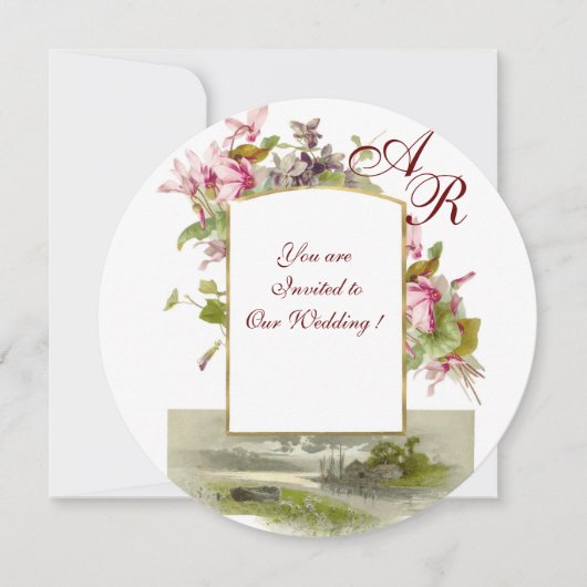 Invitation ROMANTIQUE MONOGRAMME, CYCLAMENS ROSES, Floral (Devant)