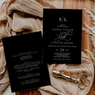 Invitation Romantique   Monogramme noir foncé tout en un Mari