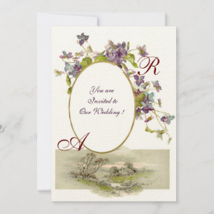 Invitation ROMANTIQUE MONOGRAMME /VIOLETS,vert pourpre,crème
