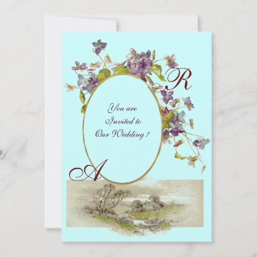 Invitation ROMANTIQUE MONOGRAMME / VIOLETTES, vert violet, bl (Devant)