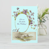 Invitation ROMANTIQUE MONOGRAMME / VIOLETTES, vert violet, bl (Debout devant)