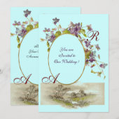 Invitation ROMANTIQUE MONOGRAMME / VIOLETTES, vert violet, bl (Devant / Derrière)