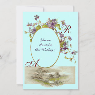 Invitation ROMANTIQUE MONOGRAMME / VIOLETTES, vert violet, bl