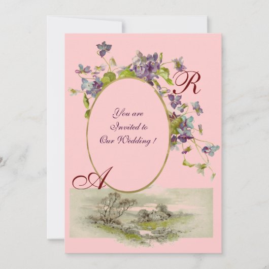 Invitation ROMANTIQUE MONOGRAMME / VIOLETTES, vert violet, ro (Devant)