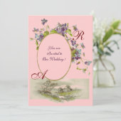 Invitation ROMANTIQUE MONOGRAMME / VIOLETTES, vert violet, ro (Debout devant)
