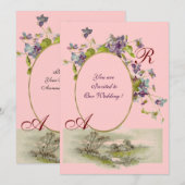 Invitation ROMANTIQUE MONOGRAMME / VIOLETTES, vert violet, ro (Devant / Derrière)