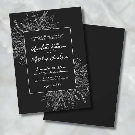 Invitation Romantique Noir Blanc Botanique Mariage élégant