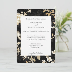 Invitation Romantique Noir Blanc Floral Oiseaux Mariage