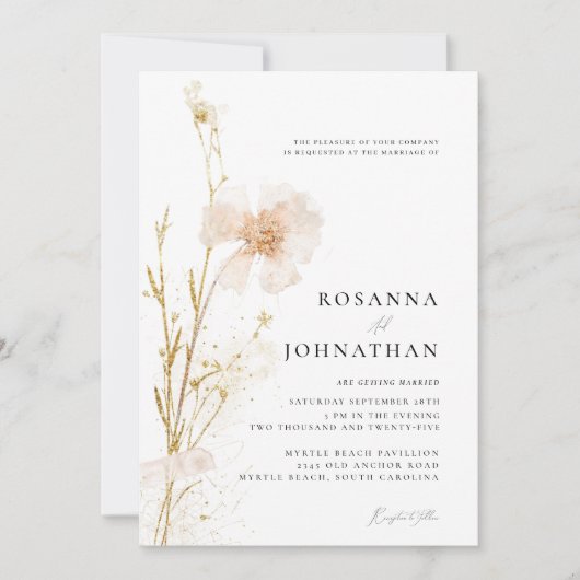 Invitation Romantique Or & Blush Pressing Fleur sauvage Maria (Devant)