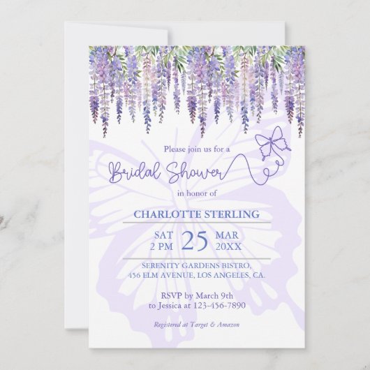 Invitation Romantique Papillon & Wisteria Fête des mariées de (Devant)