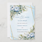 Invitation Romantique Pastel Bleu Blanc Or Floral Date de sau (Devant)