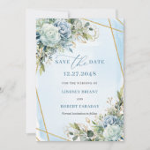 Invitation Romantique Pastel Bleu Floral Or Enregistrer La Da (Devant)