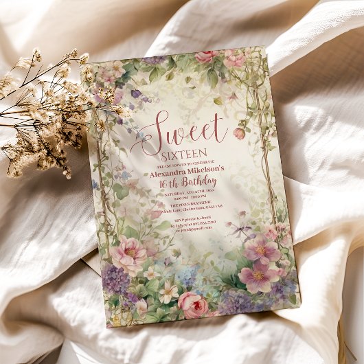 Invitation Romantique Pastel Fleur sauvage Sweet 16