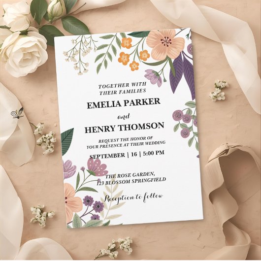 Invitation Romantique Pastel Fleurs sauvages Boho Elégant mar