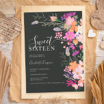 Invitation Romantique pastel fleurs sauvages printemps doux 1<br><div class="desc">Fleurs sauvages pastel romantique printemps sweet sixteen d'été avec de jolies fleurs de pays sauvages en rose,  pêche,  violet,  lavande,  feuilles verts et plus,  avec une typographie de script brossé sur un élégant arrière - plan foncé</div>