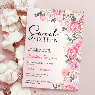 Invitation Romantique Pastel Rose Floral Sweet 16 Anniversair