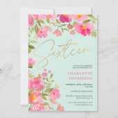 Invitation Romantique Peint à la main rose menthe fleurie Swe (Devant)