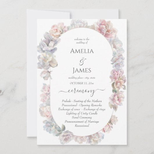 Invitation Romantique Peony Floral Mariage Cérémonie Programm (Devant)