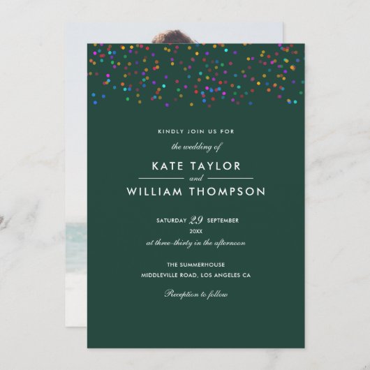 Invitation Romantique Rainbow Confetti Emerald Mariage photo (Devant / Derrière)