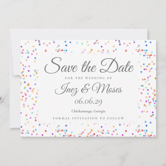Invitation Romantique Rainbow Confetti Sauvez la date (Devant)