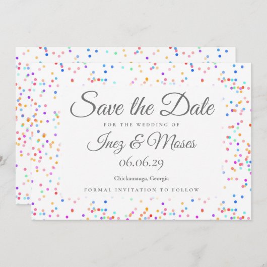 Invitation Romantique Rainbow Confetti Sauvez la date (Devant / Derrière)