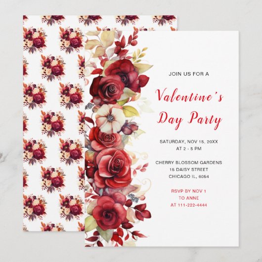 Invitation Romantique Red Roses Floral Valentine's Party (Devant / Derrière)