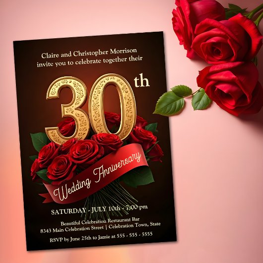 Invitation Romantique Red Roses Gold 30e anniversaire Mariage