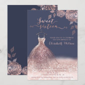 Invitation Romantique Rose d'or glitrobe roses (Devant / Derrière)