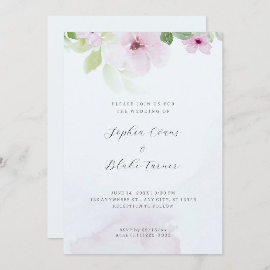 Invitation Romantique rose et vert Floral Mariage (Devant / Derrière)