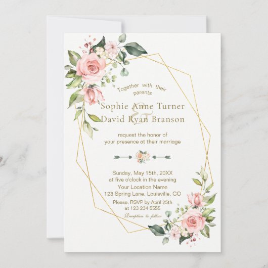 Invitation Romantique rose Fleurs de Fleurs de Couleur d'Or M (Devant)