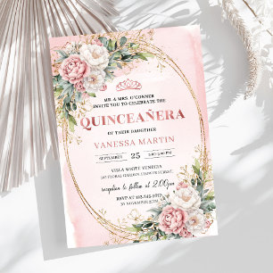 Invitation Romantique rose floral Quinceañera verdure