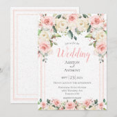 Invitation Romantique rose Floral Verdure Typographie Mariage (Devant / Derrière)