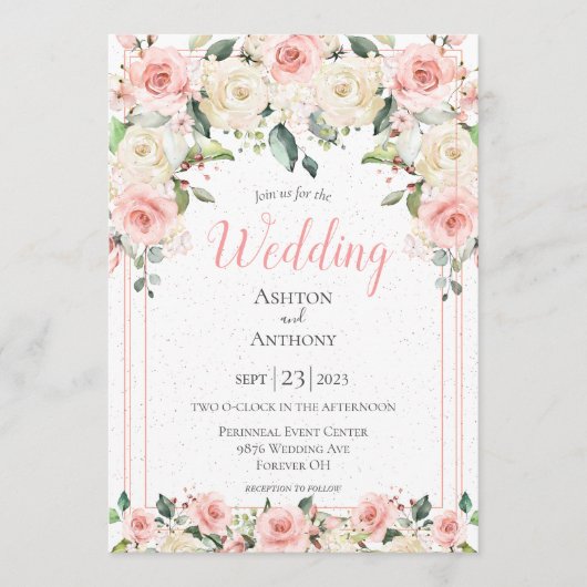 Invitation Romantique rose Floral Verdure Typographie Mariage (Devant)
