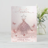 Invitation Romantique Rose or gliterie robe papillon (Debout devant)