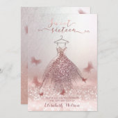 Invitation Romantique Rose or gliterie robe papillon (Devant / Derrière)