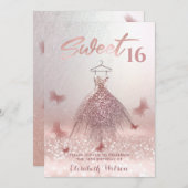 Invitation Romantique Rose or gliterie robe papillon Invita (Devant / Derrière)