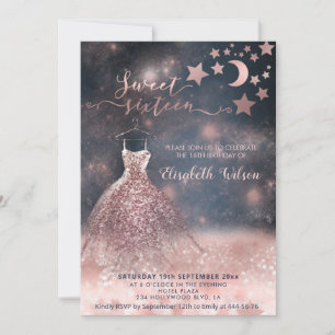Invitation Romantique Rose or glitterie robe céleste
