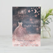 Invitation Romantique Rose or glitterie robe céleste (Debout devant)