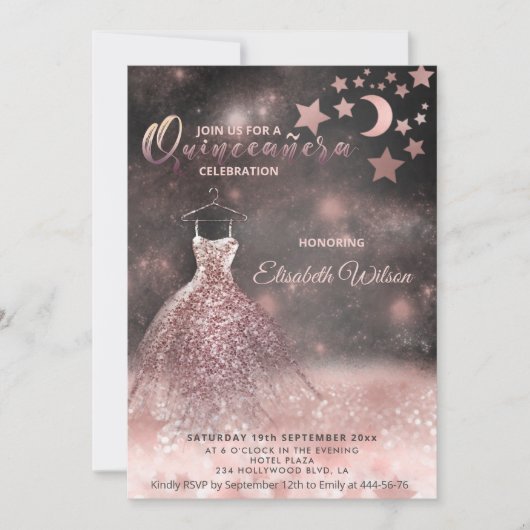 Invitation Romantique Rose or glitterie robe céleste (Devant)