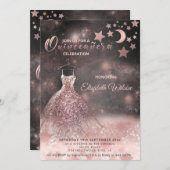 Invitation Romantique Rose or glitterie robe céleste (Devant / Derrière)