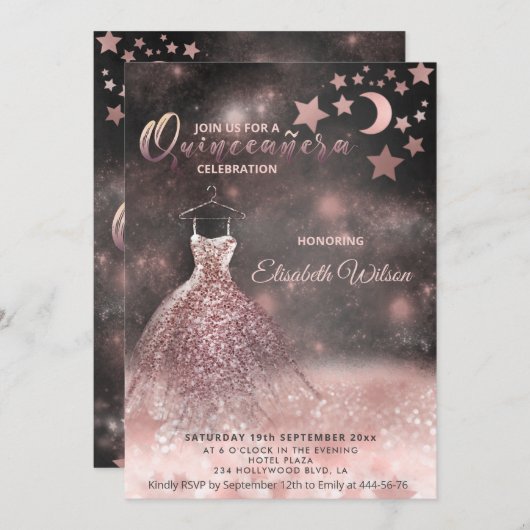 Invitation Romantique Rose or glitterie robe céleste (Devant / Derrière)